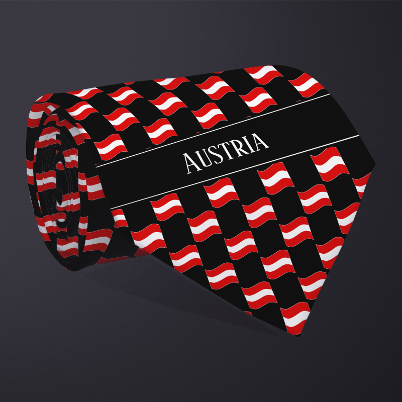Rolled necktie, with WAVY flag checkerboard design, personalized with text: Austria