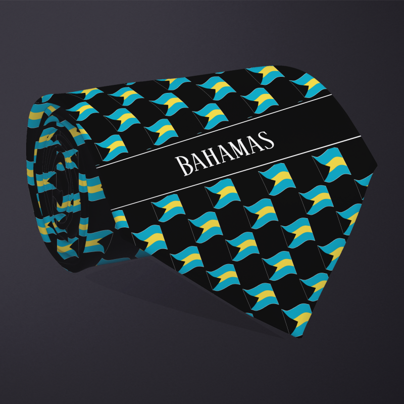Rolled necktie, with WAVY flag checkerboard design, personalized with text: Bahamas