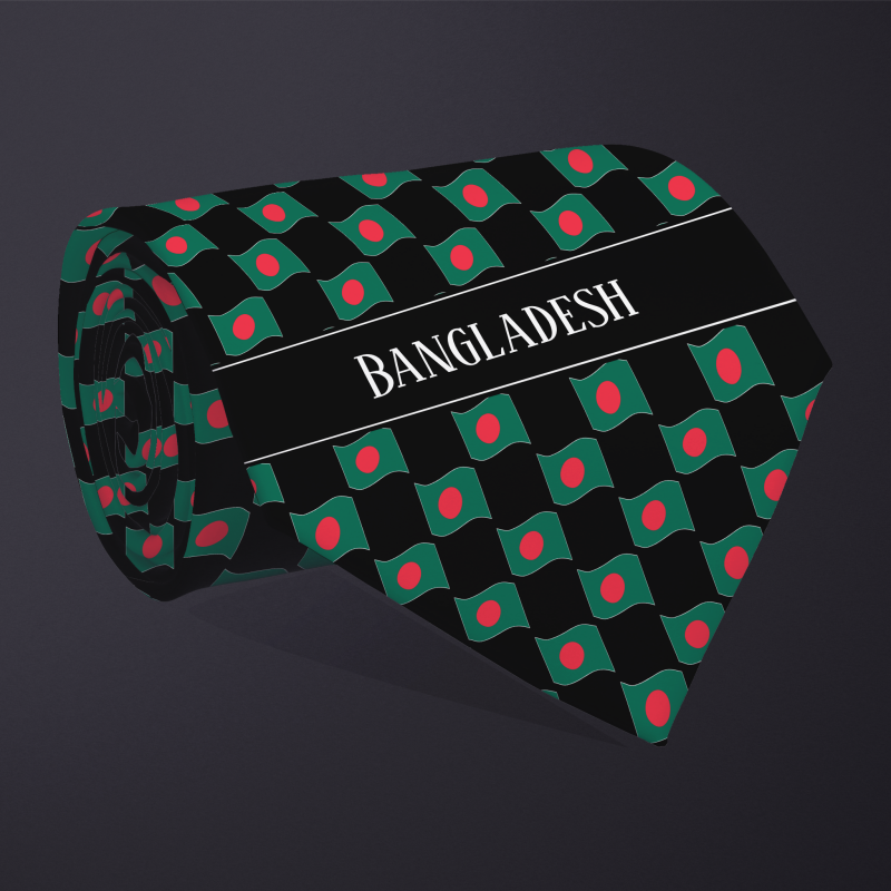 Rolled necktie, with WAVY flag checkerboard design, personalized with text: Bangladesh