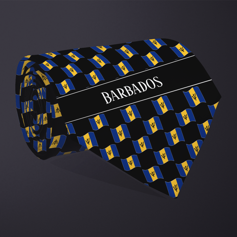 Rolled necktie, with WAVY flag checkerboard design, personalized with text: Barbados