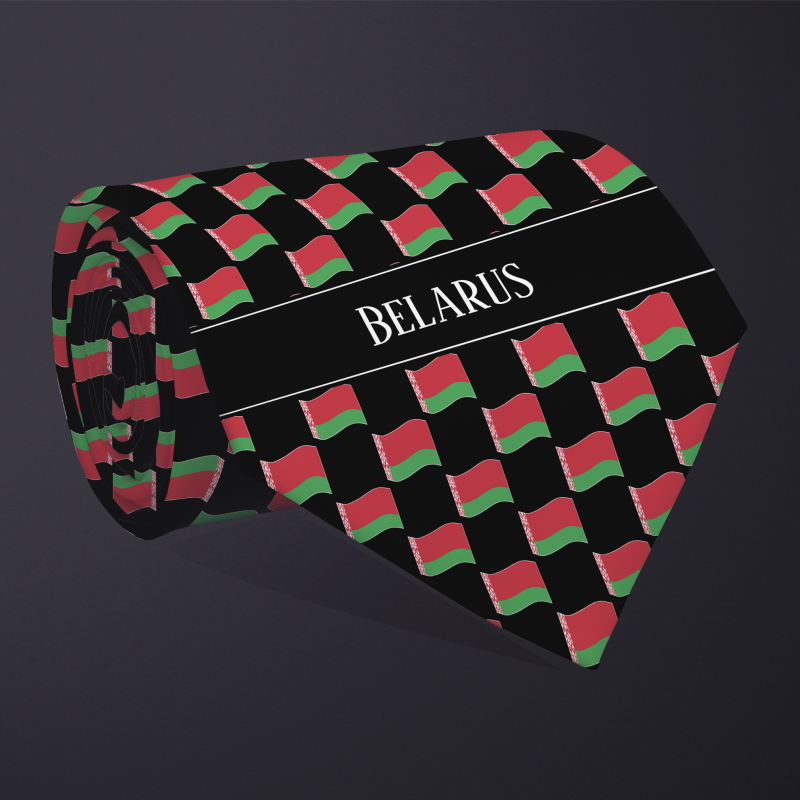 : Rolled necktie, with WAVY flag checkerboard design, personalized with text: Belarus