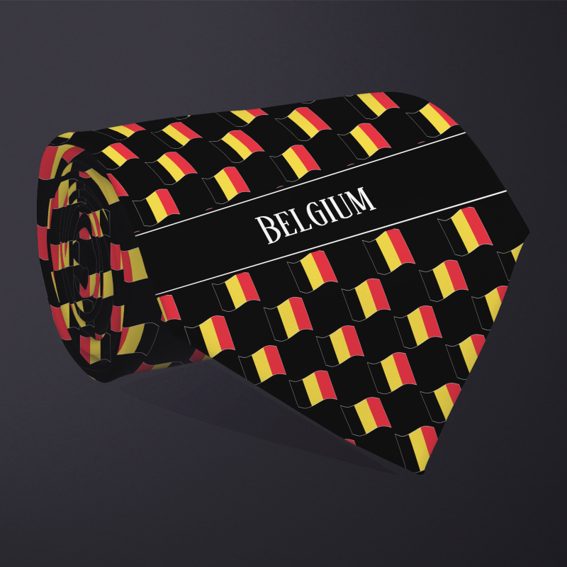 Rolled necktie, with WAVY flag checkerboard design, personalized with text: Belgium