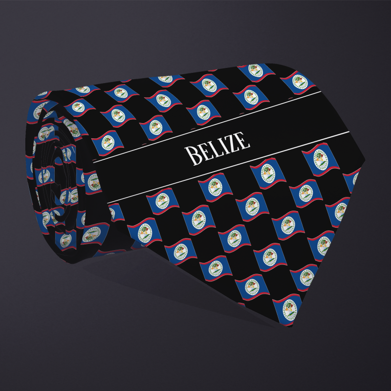 Rolled necktie, with WAVY flag checkerboard design, personalized with text: Belize