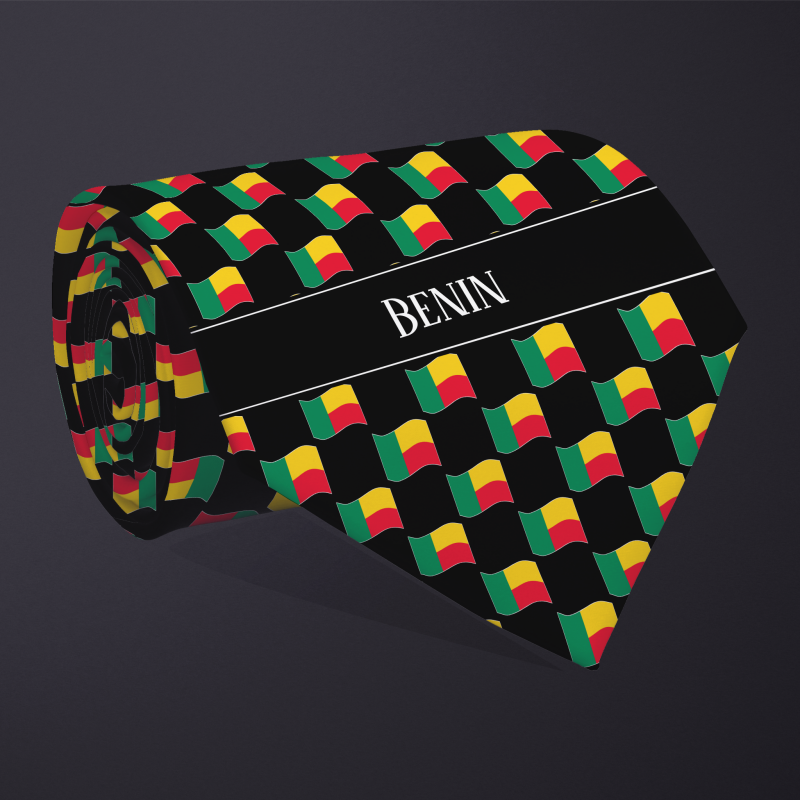 Rolled necktie, with WAVY flag checkerboard design, personalized with text: Benin