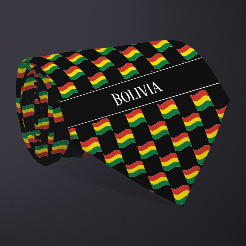 Rolled necktie, with WAVY flag checkerboard design, personalized with text: Bolivia