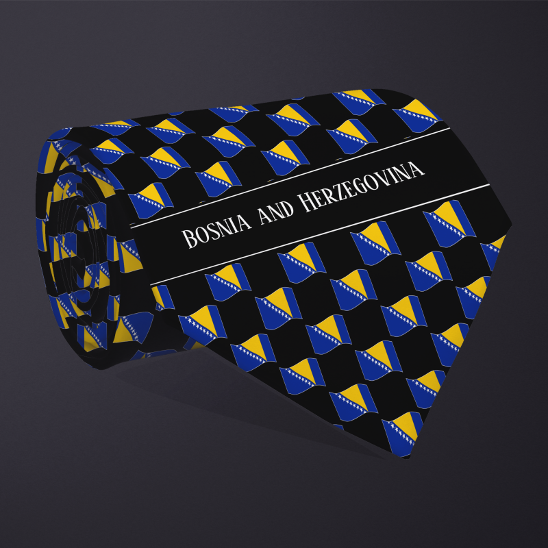 Rolled necktie, with WAVY flag checkerboard design, personalized with text: Bosnia and Herzegovina