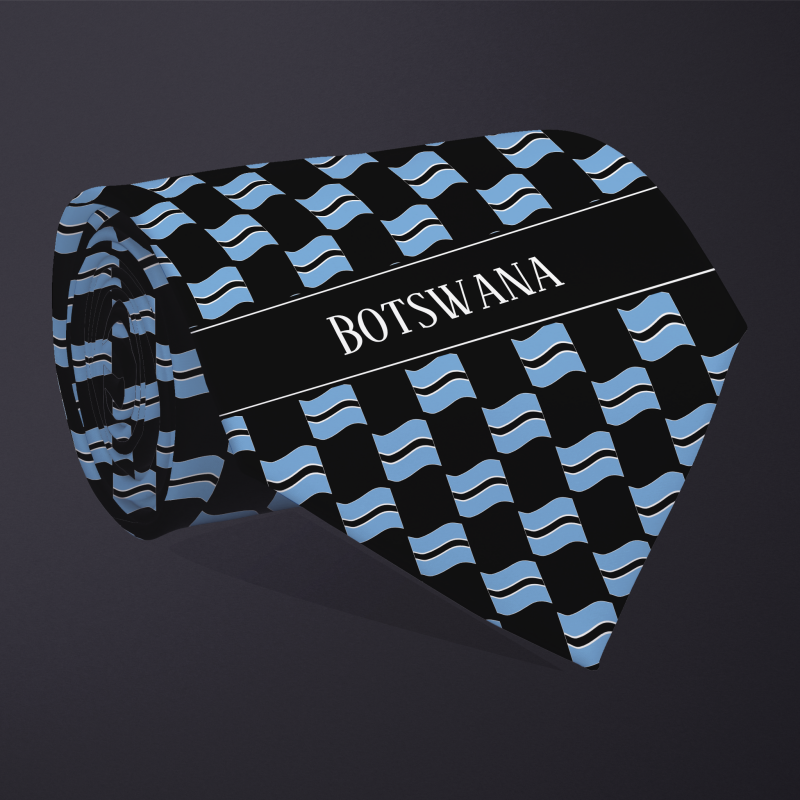 Rolled necktie, with WAVY flag checkerboard design, personalized with text: Botswana
