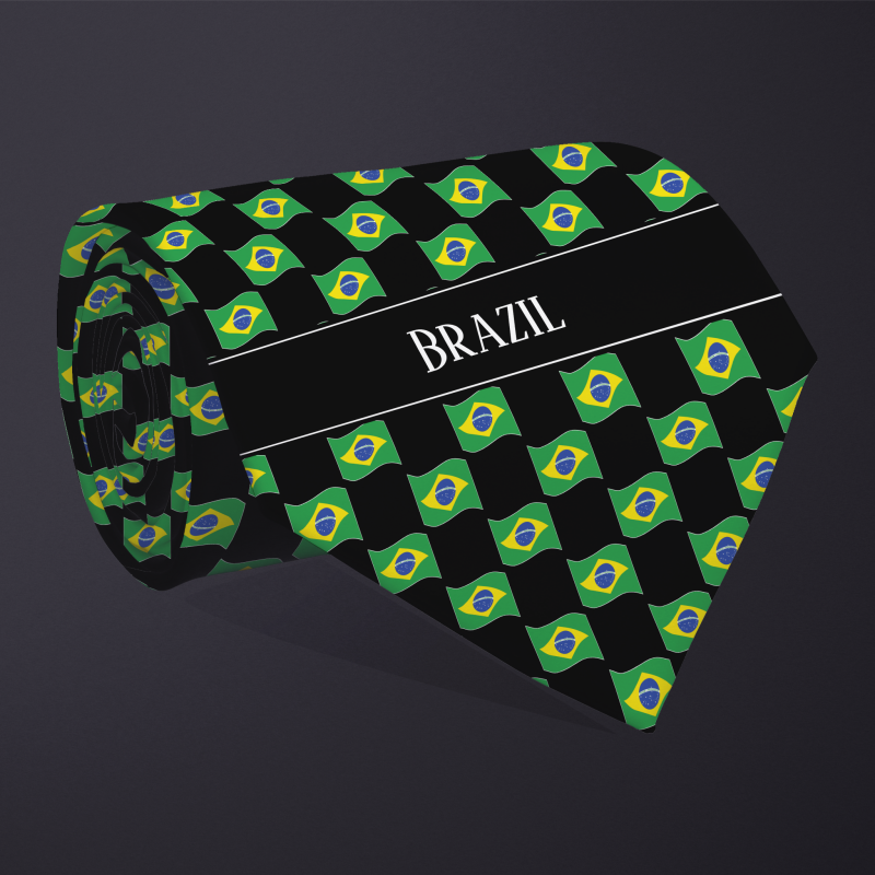 Rolled necktie, with WAVY flag checkerboard design, personalized with text: Brazil
