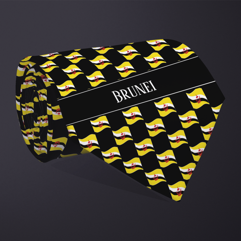 Rolled necktie, with WAVY flag checkerboard design, personalized with text: Brunei