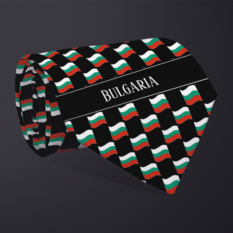 Rolled necktie, with WAVY flag checkerboard design, personalized with text: Bulgaria