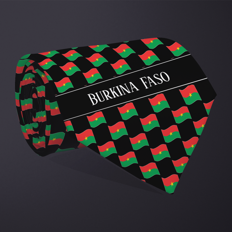 Rolled necktie, with WAVY flag checkerboard design, personalized with text: Burkina Faso