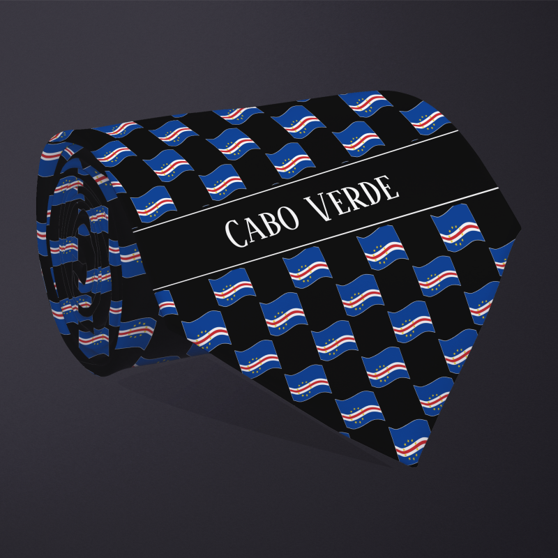 Rolled necktie, with WAVY flag checkerboard design, personalized with text: Cabo Verde