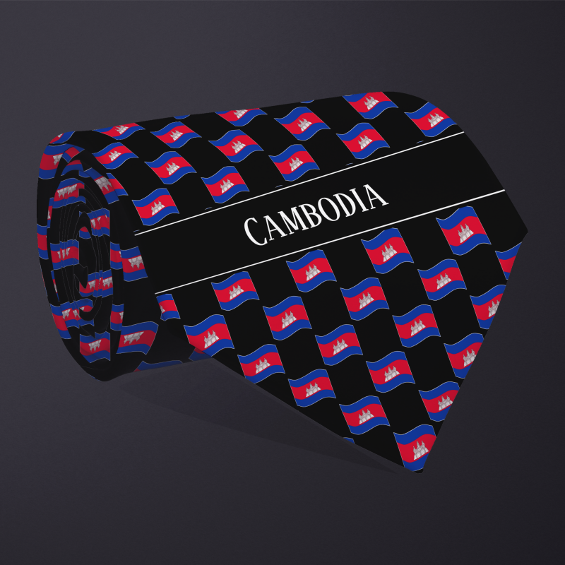 Rolled necktie, with WAVY flag checkerboard design, personalized with text: Cambodia