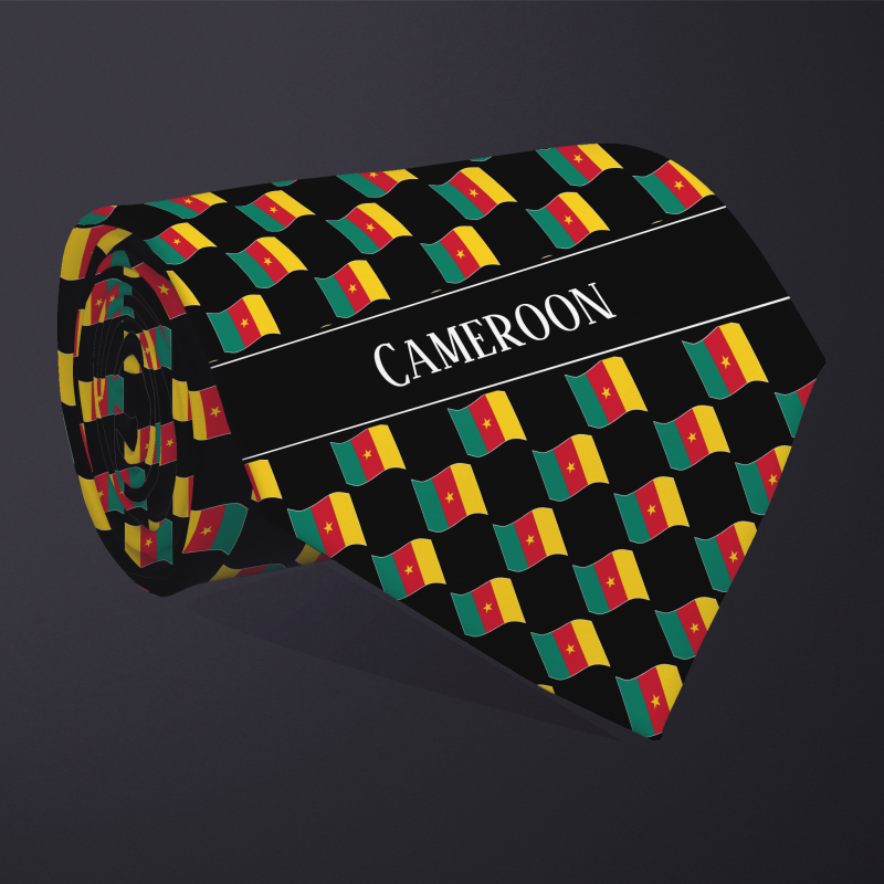 Rolled necktie, with WAVY flag checkerboard design, personalized with text: Cameroon