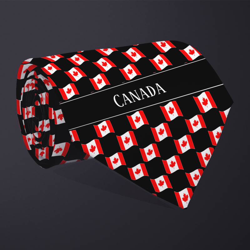 Rolled necktie, with WAVY flag checkerboard design, personalized with text: Canada