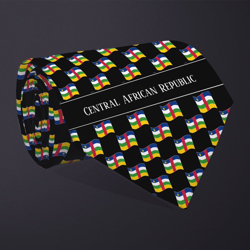 Rolled necktie, with WAVY flag checkerboard design, personalized with text: Central African Republic