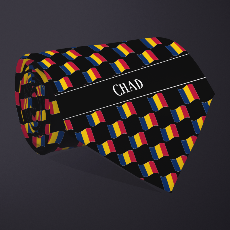 Rolled necktie, with WAVY flag checkerboard design, personalized with text: Chad