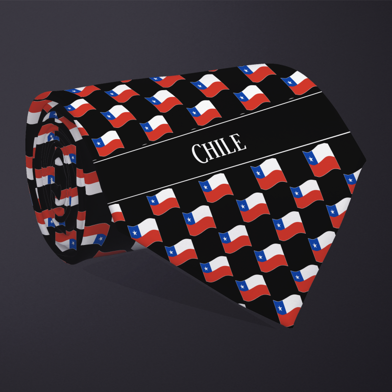 Rolled necktie, with WAVY flag checkerboard design, personalized with text: Chile