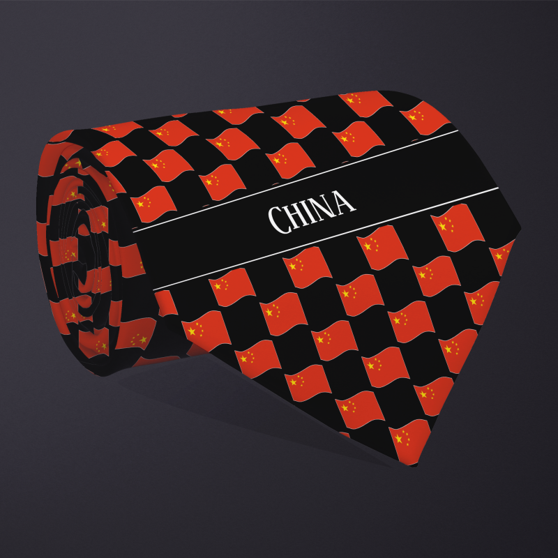 Rolled necktie, with WAVY flag checkerboard design, personalized with text: China