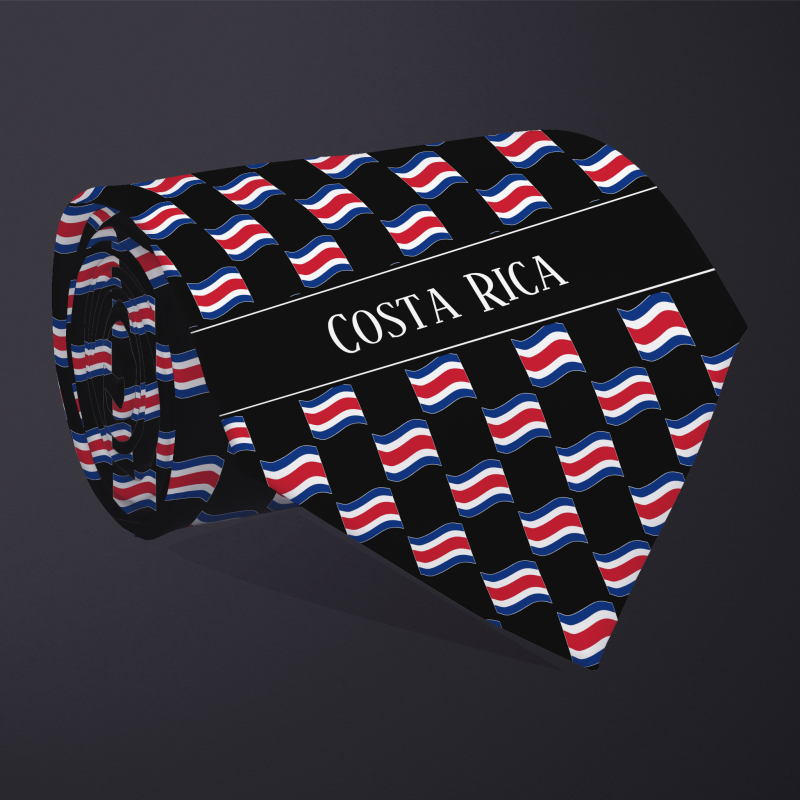Rolled necktie, with WAVY flag checkerboard design, personalized with text: Costa Rica