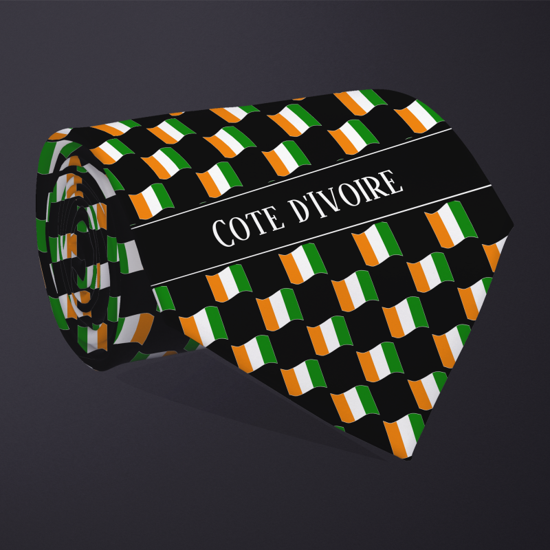 Rolled necktie, with WAVY flag checkerboard design, personalized with text: Cote d’Ivoire