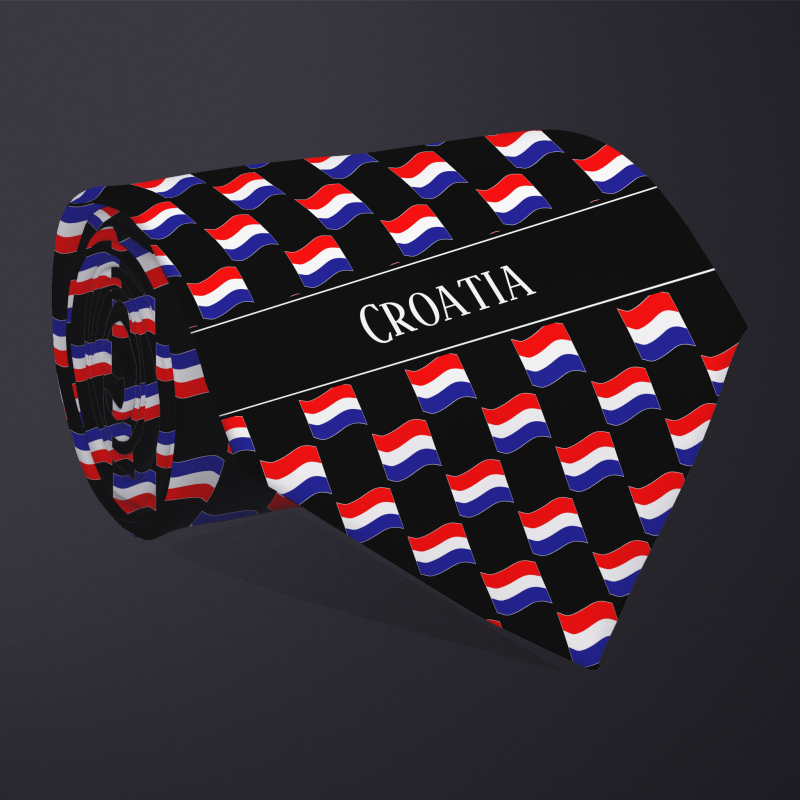 Rolled necktie, with WAVY flag checkerboard design, personalized with text: Croatia