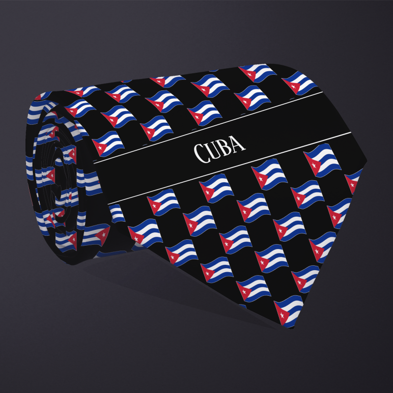 Rolled necktie, with WAVY flag checkerboard design, personalized with text: Cuba