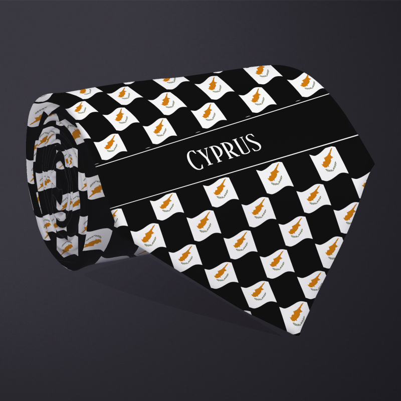 Rolled necktie, with WAVY flag checkerboard design, personalized with text: Cyprus
