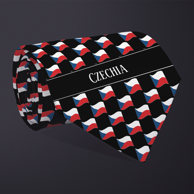 Rolled necktie, with WAVY flag checkerboard design, personalized with text: Czechia