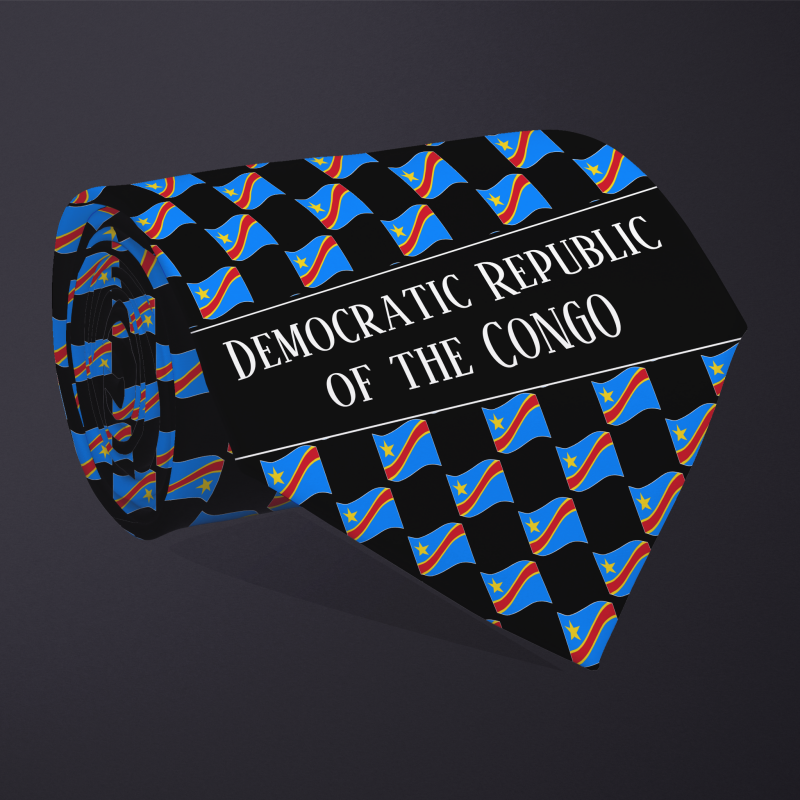 Rolled necktie, with WAVY flag checkerboard design, personalized with text: Democratic Republic of the Congo