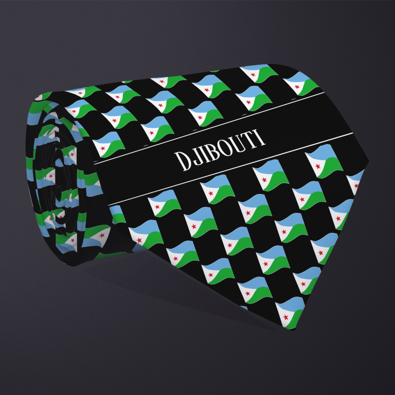 Rolled necktie, with WAVY flag checkerboard design, personalized with text: Djibouti