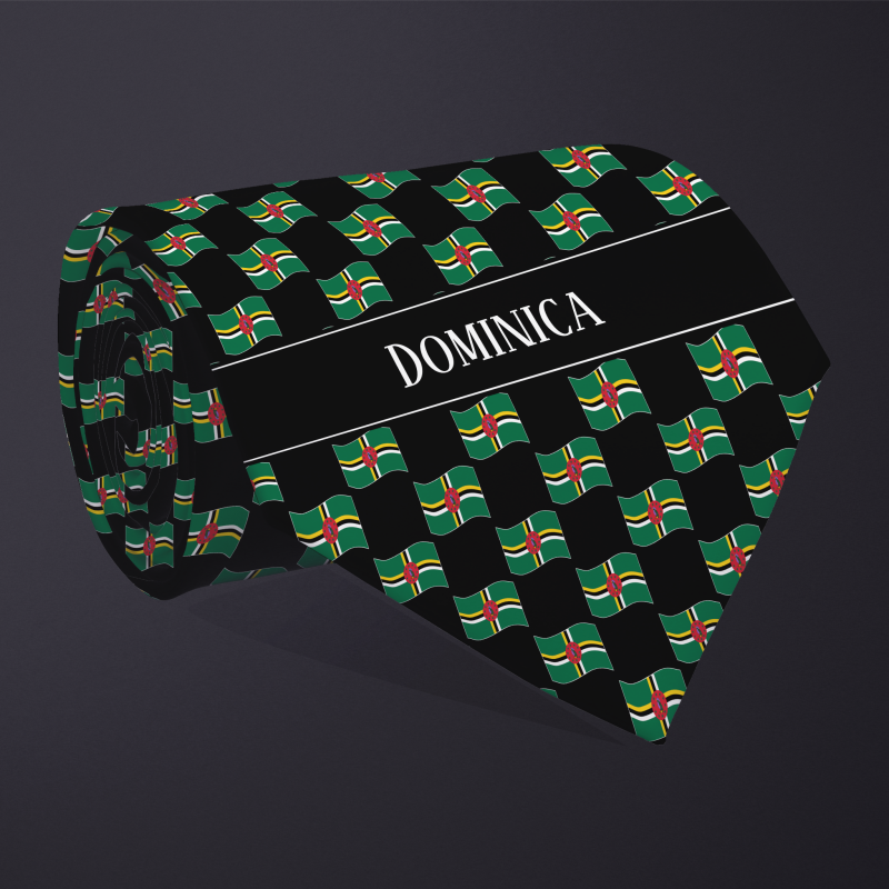 Rolled necktie, with WAVY flag checkerboard design, personalized with text: Dominica