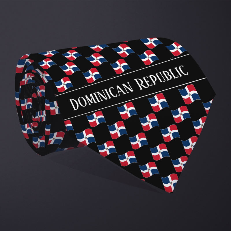 Rolled necktie, with WAVY flag checkerboard design, personalized with text: Dominican Republic