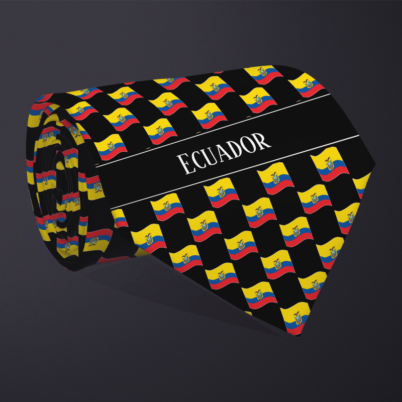 Rolled necktie, with WAVY flag checkerboard design, personalized with text: Ecuador