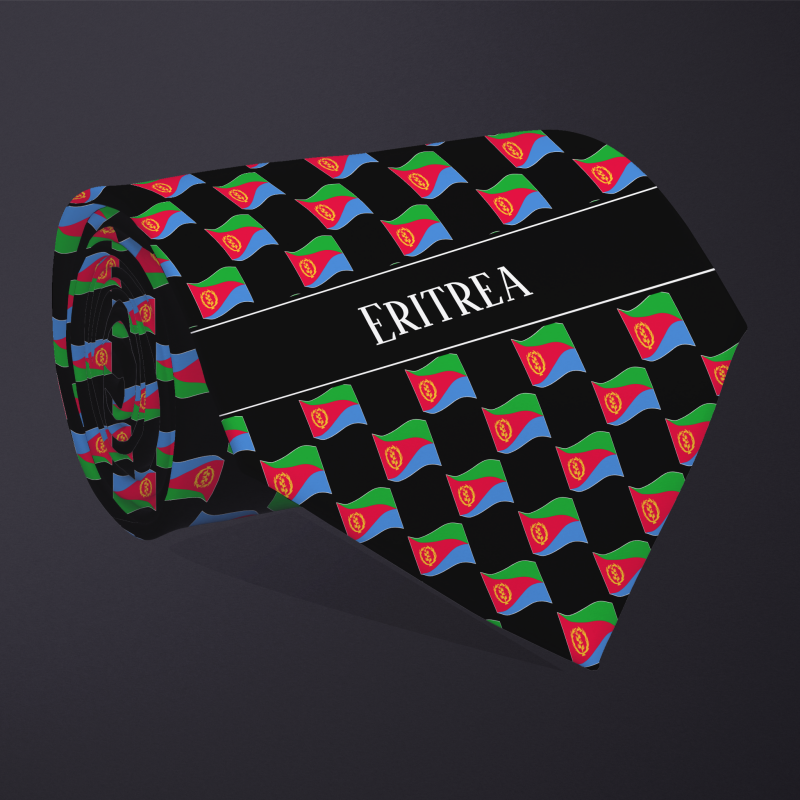 Rolled necktie, with WAVY flag checkerboard design, personalized with text: Eritrea