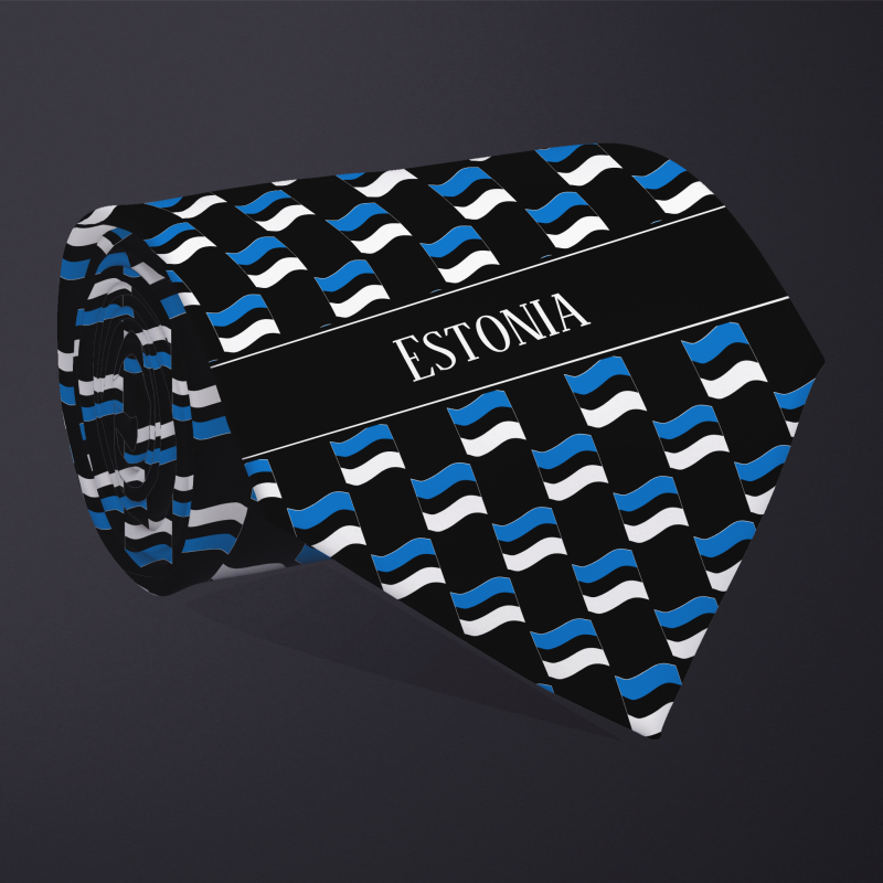 Rolled necktie, with WAVY flag checkerboard design, personalized with text: Estonia