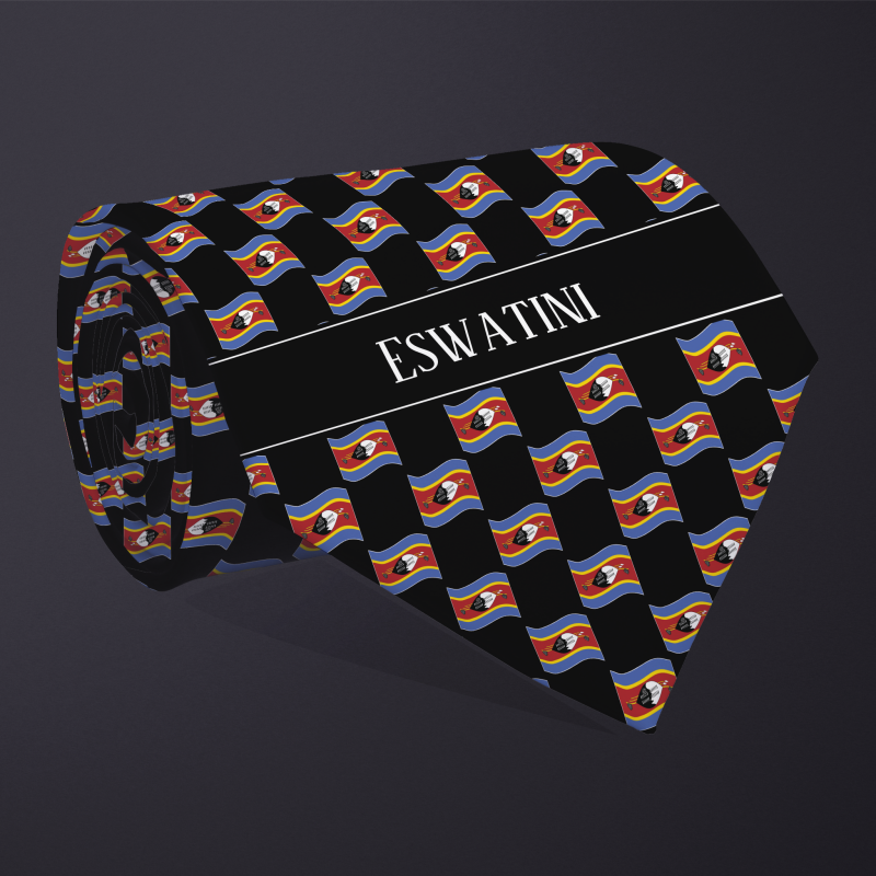 Rolled necktie, with WAVY flag checkerboard design, personalized with text: Eswatini