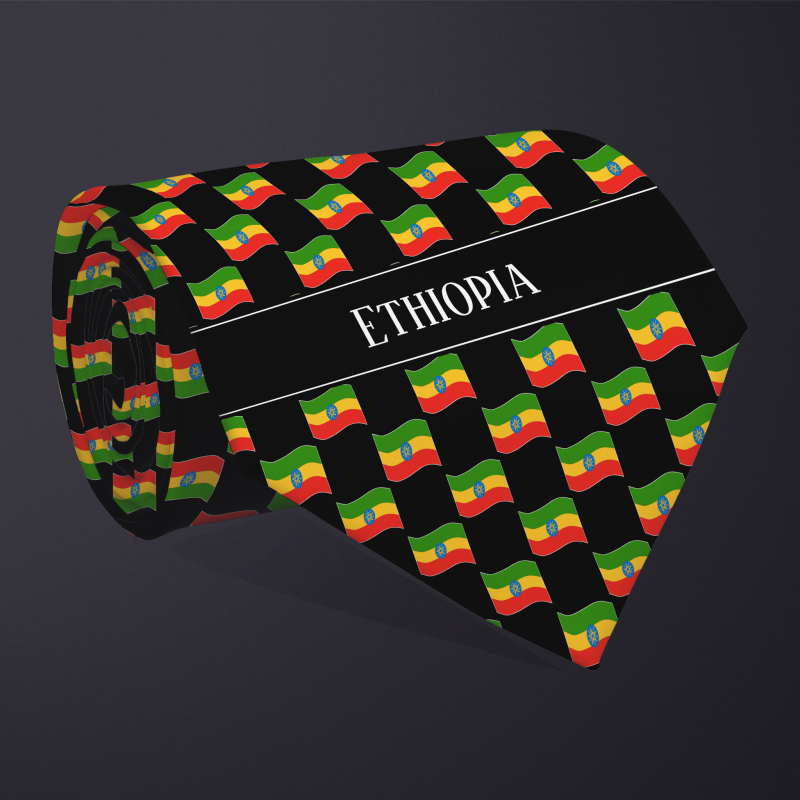 Rolled necktie, with WAVY flag checkerboard design, personalized with text: Ethiopia