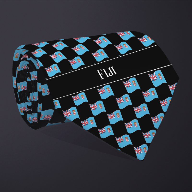 Rolled necktie, with WAVY flag checkerboard design, personalized with text: Fiji