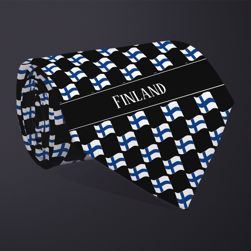 Rolled necktie, with WAVY flag checkerboard design, personalized with text: Finland