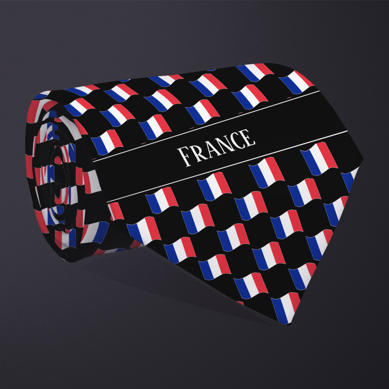Rolled necktie, with WAVY flag checkerboard design, personalized with text: France