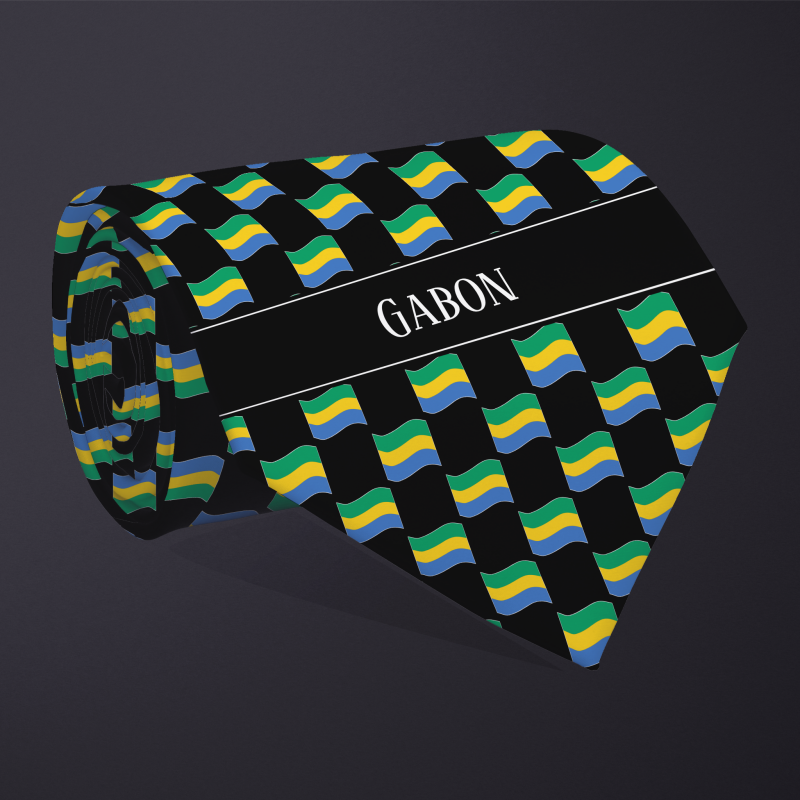 Rolled necktie, with WAVY flag checkerboard design, personalized with text: Gabon