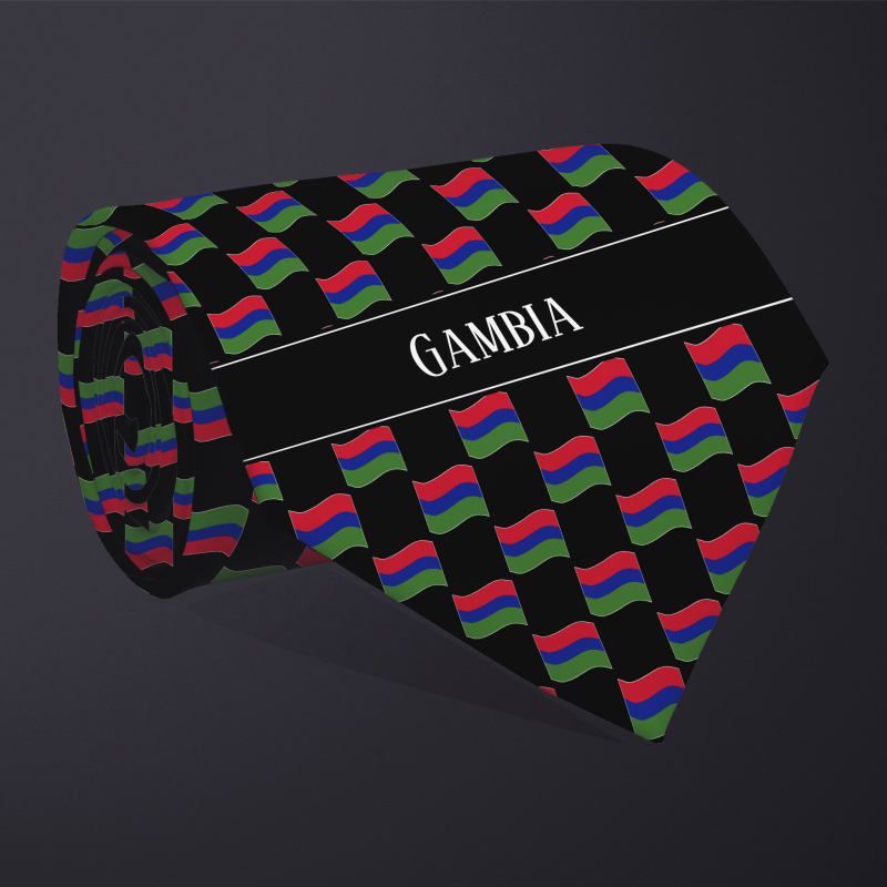 Rolled necktie, with WAVY flag checkerboard design, personalized with text: Gambia