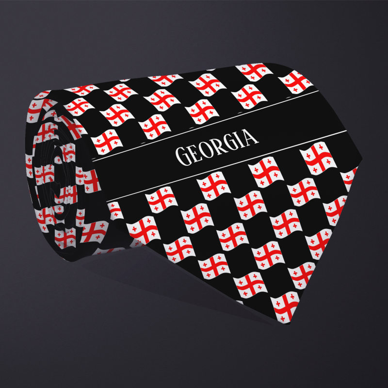 Rolled necktie, with WAVY flag checkerboard design, personalized with text: Georgia