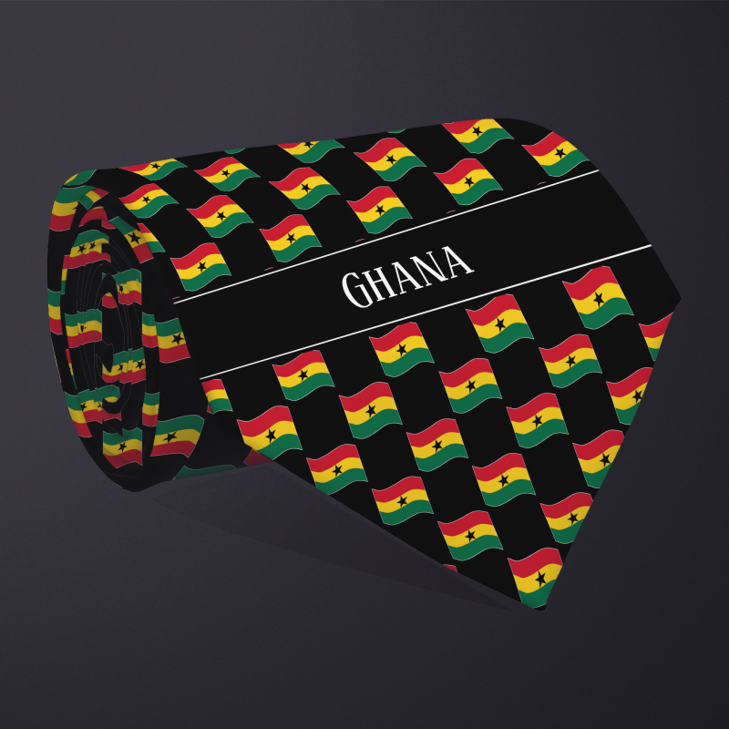 Rolled necktie, with WAVY flag checkerboard design, personalized with text: Ghana