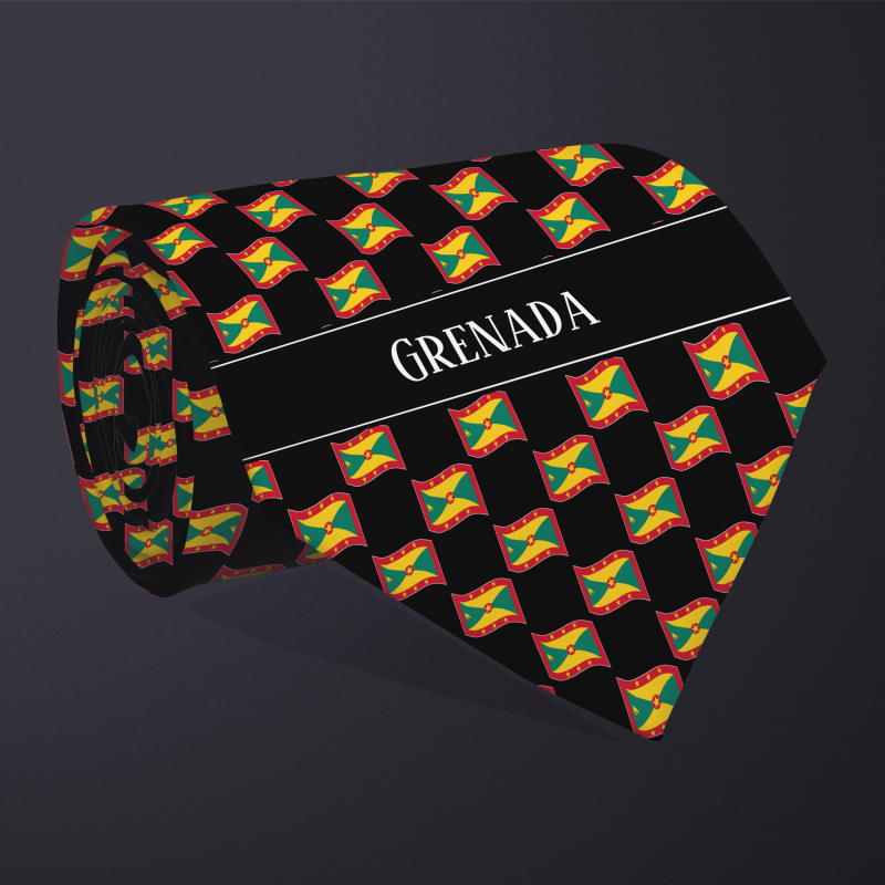 Rolled necktie, with WAVY flag checkerboard design, personalized with text: Grenada