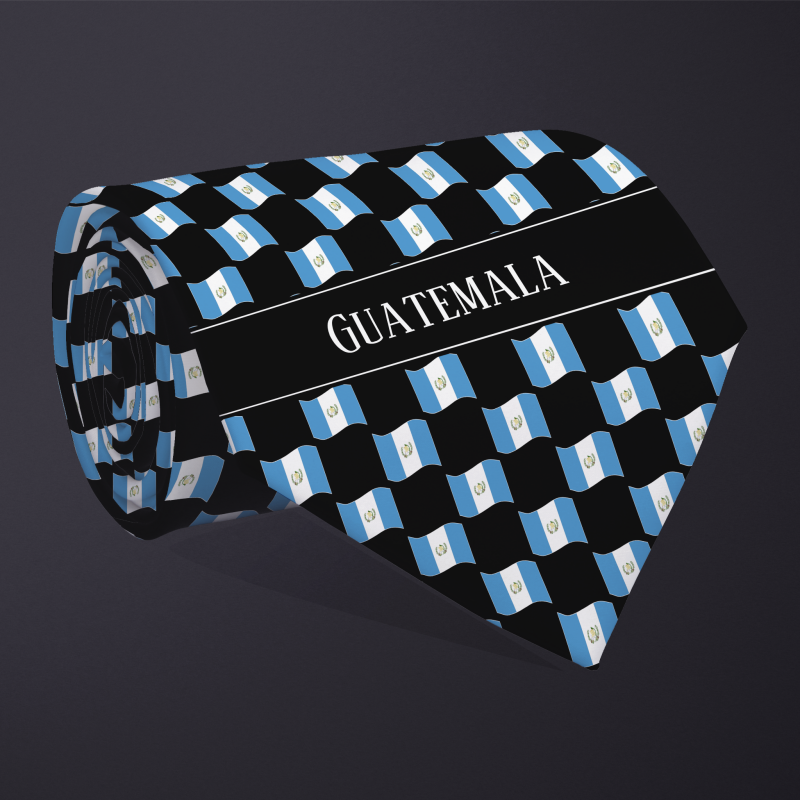 Rolled necktie, with WAVY flag checkerboard design, personalized with text: Guatemala