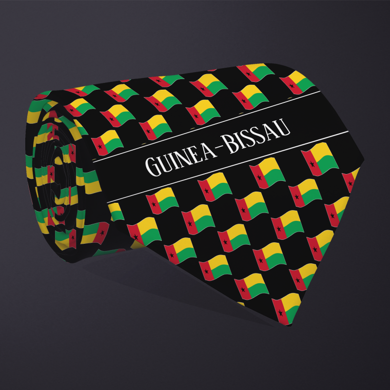 Rolled necktie, with WAVY flag checkerboard design, personalized with text: Guinea-Bissau