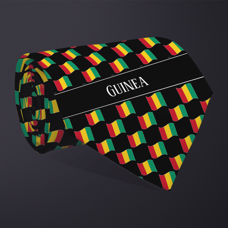 Rolled necktie, with WAVY flag checkerboard design, personalized with text: Guinea