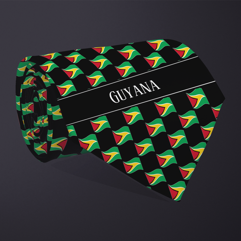 Rolled necktie, with WAVY flag checkerboard design, personalized with text: Guyana